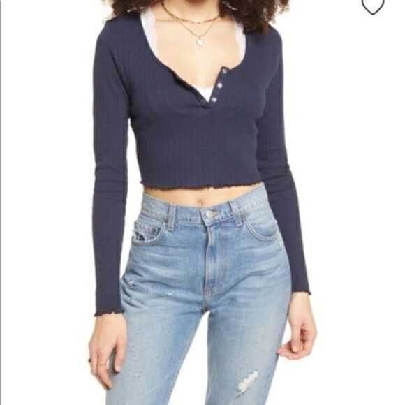 Bp Nordstrom Crop Cropped Henley Top Textured Rib Knit Navy Blue Large NWT - Picture 1 of 9